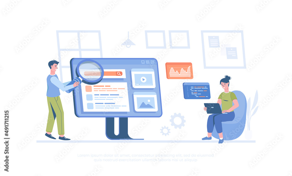 Search engine optimization for website. SEO management, keywording, content marketing, site analytics. Cartoon modern flat vector illustration for banner, website design, landing page. Search engine optimization for website. SEO management, keywording, content marketing, site analytics. Cartoon modern flat vector illustration for banner, website design, landing page.