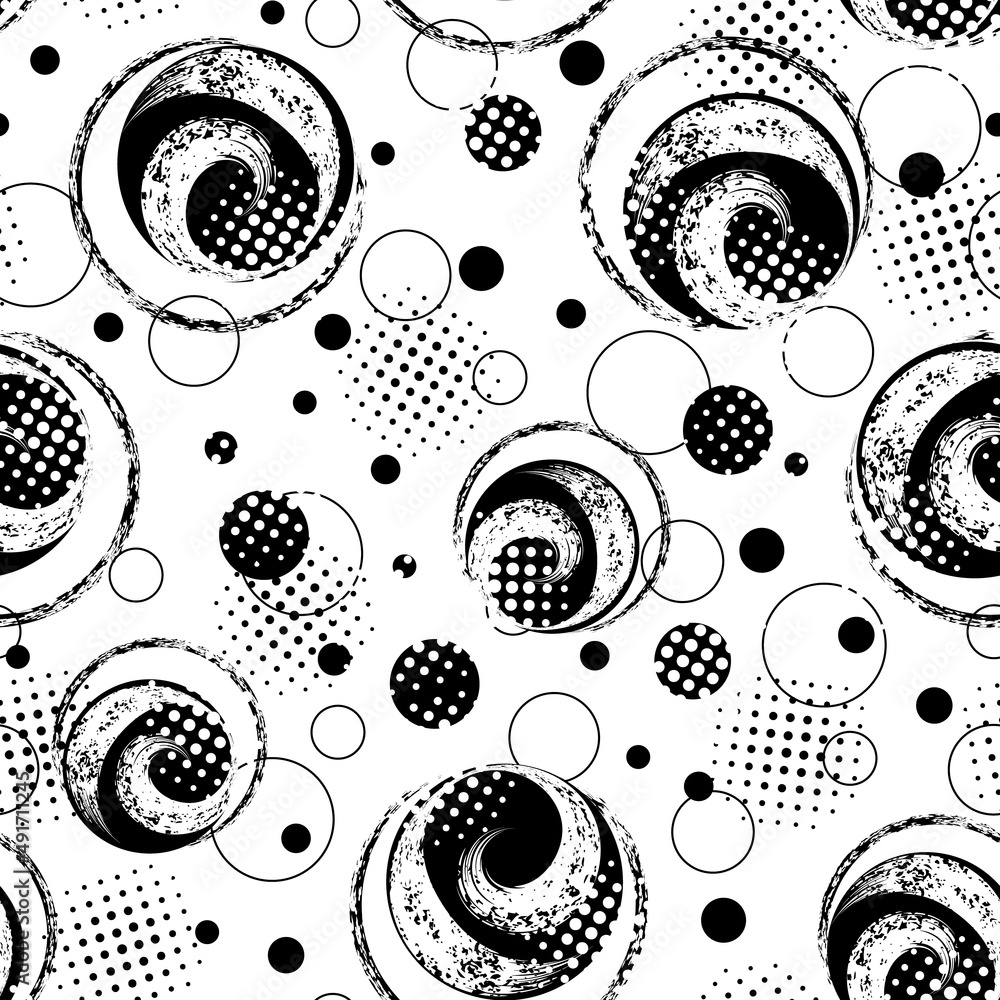 Abstract seamless pattern with round grunge paint brush stroke. Black circles on white background. Modern grunge texture with halftone. Perfect for sportswear, sporting goods