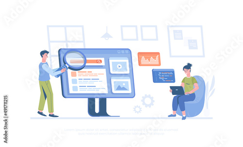 Search engine optimization for website. SEO management, keywording, content marketing, site analytics. Cartoon modern flat vector illustration for banner, website design, landing page.