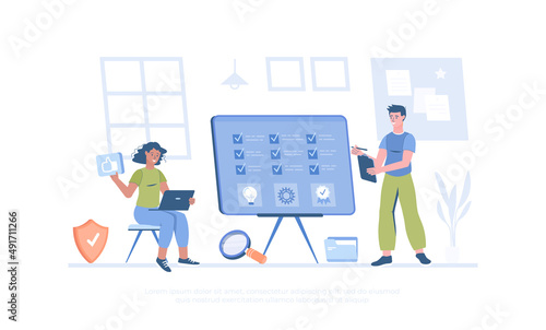 Quality Assurance QA Quality control, Best standard, product satisfaction. Software testing. Cartoon modern flat vector illustration for banner, website design, landing page.
