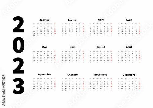 2023 year simple horizontal calendar in french language, typographic calendar isolated on white