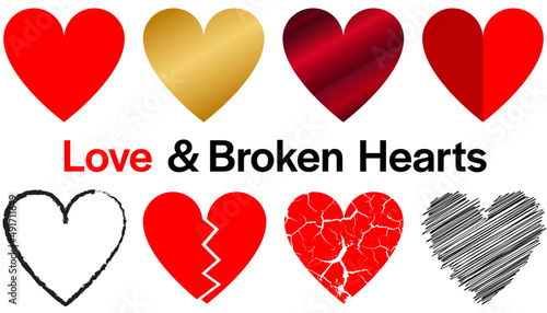 Collection of heart vectors. Set of love and broken hearts. Scribble, golden, paper and grunge heart shapes.