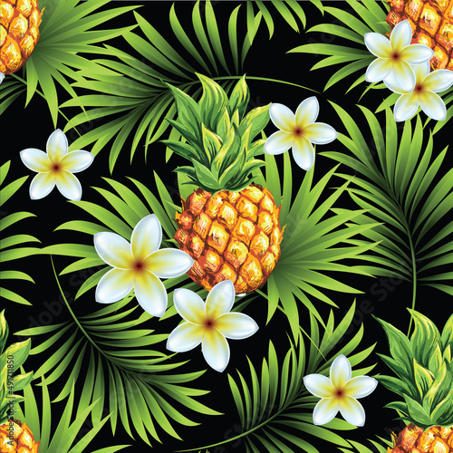 Pineapples with palm trees. Seamless pattern with ripe fresh tropical fruits and branches and leaves of tropical tree plant for print, web design, textile. Vector image. 