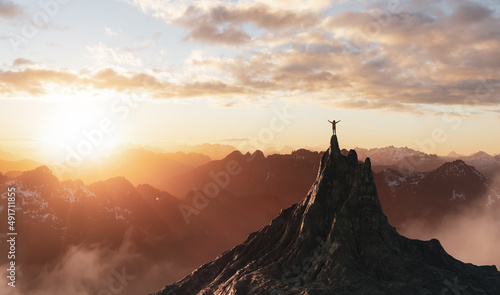 Adventure Composite. Adventurous Female person hiking on top of a mountain. 3d rendering Rocky Peak. Colorful Sunset or Sunrise Sky. Aerial Background Landscape Image from British Columbia, Canada.