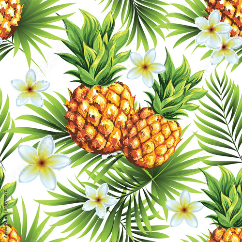 Fototapeta Naklejka Na Ścianę i Meble -  Pineapples with palm trees. Seamless pattern with ripe fresh tropical fruits and branches and leaves of tropical tree plant for print, web design, textile. Vector image. 
