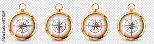 Realistic golden vintage compass with marine wind rose and cardinal directions of North, East, South, West. Shiny metal navigational compass. Cartography and navigation. Vector illustration.
