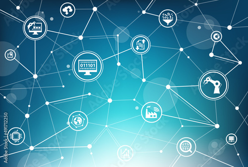 industrial internet of things / iiot vector illustration. Blue concept with icons on factory automation & smart manufacturing technology, industry 4.0, cyber control of robots & machines.