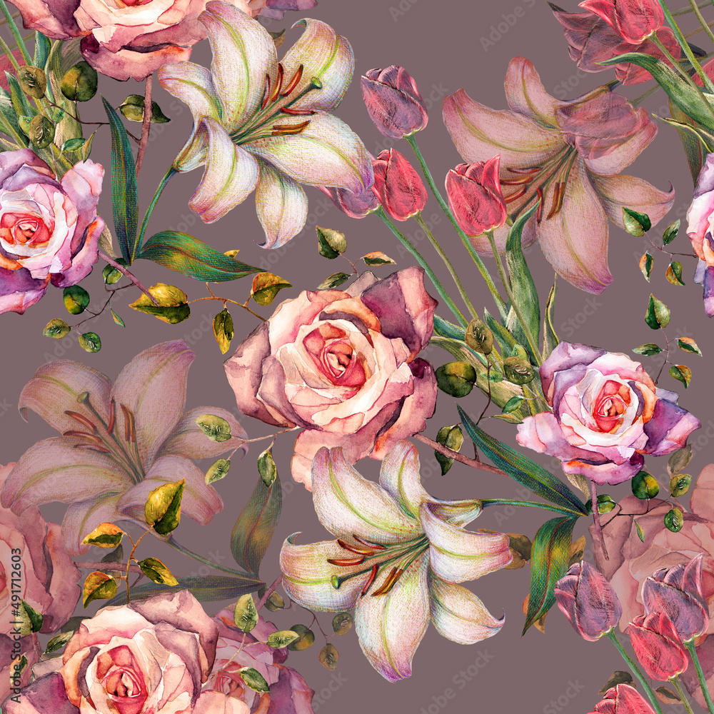 Garden flowers rose painted in watercolor with lily and tulip. Floral seamless pattern on violet background.