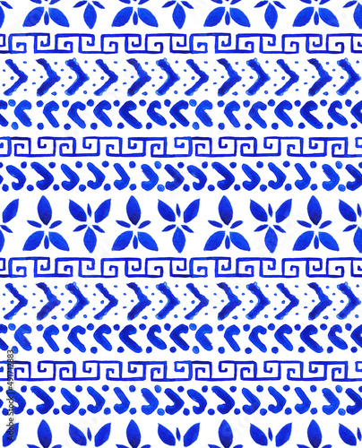 Watercolor Hand Drawn Seamless Blue Ethnic Ornaments Pattern