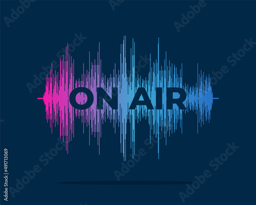 On air live streaming broadcast advertising banner concept. Radio podcasting and broadcasting studio poster design. Podcast inscription on equalizer sound wave. Vector eps illustration