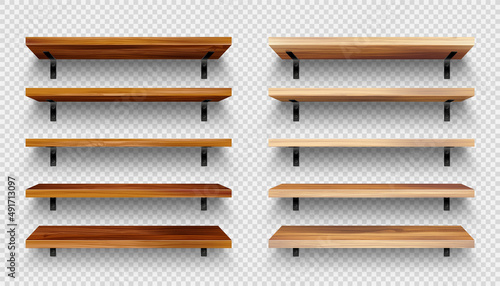 Fototapeta Naklejka Na Ścianę i Meble -  Realistic empty wooden store shelves set. Product shelf with wood texture and black wall mount. Grocery rack. Vector illustration.