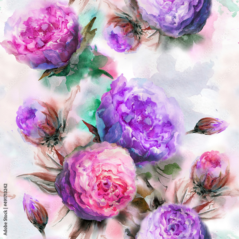 Beautiful purple roses  flowers with green leaves on  background. Seamless floral pattern. Watercolor painting. Hand drawn illustration.
