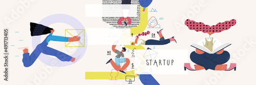 Startup illustrations set. Flat line vector modern concept illustration of people, startup metaphor. Concept of building new business, planning, strategy, teamwork and management. Company processes