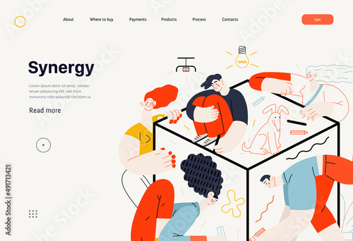 Technology Memphis -Strategic Partership, synergy flat vector concept digital illustration partnership metaphor. Business workflow and team management Creative landing web page illustration