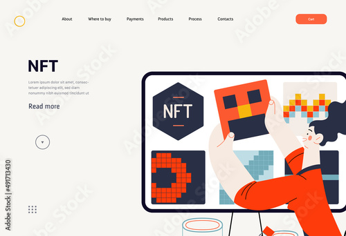 Technology Memphis -NFT Non-Fungible Token -modern flat vector concept digital illustration of placing a NFT object into the blackchain. Creative landing web page template
