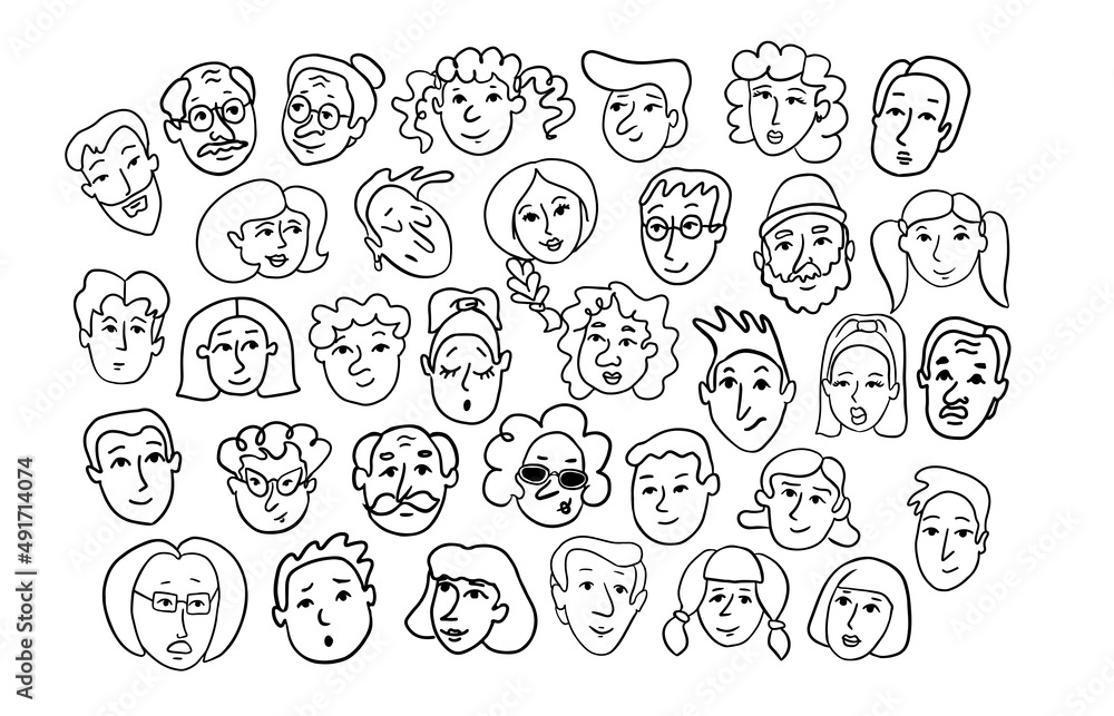 Set of people faces hand drawn in doodle style.Social network concept.Vector illustration.