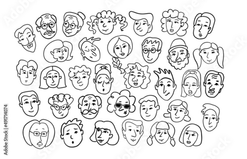 Set of people faces hand drawn in doodle style.Social network concept.Vector illustration.