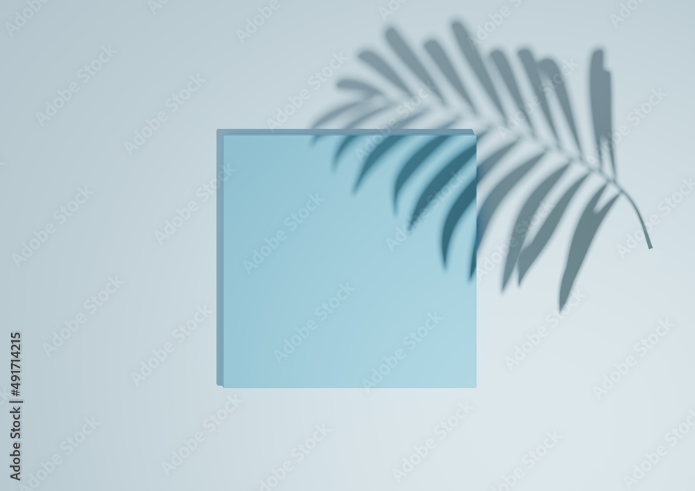 Light, pastel, baby blue, 3D render minimal, simple top view flat lay product display background with one podium stand and palm leaf shadow for nature products