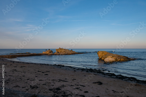 St Andrew's beach at sunset with a view of rocks and people resting on them photo