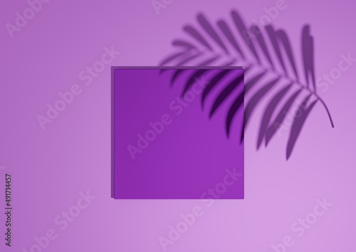 Bright purple, violet, 3D render minimal, simple top view flat lay product display background with one podium stand and palm leaf shadow for nature products