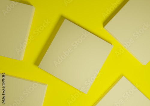 Bright, neon yellow, 3D render minimal, simple top view flat lay product display background with podium stands and geometric shapes