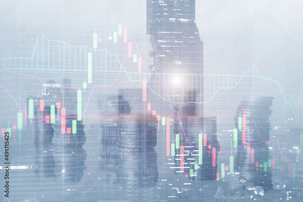Research and analytics concept. Stacks of coins against the backdrop of a modern city Research and analytics concept. Stacks of coins against the backdrop of a modern city