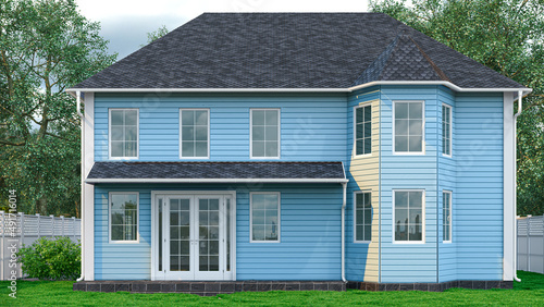 Exterior of wooden house with asphalt shingle roofing. 3d illustration