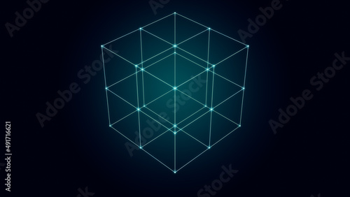 Abstract glowing cyber neon cube  3d rendering laser light geometry background