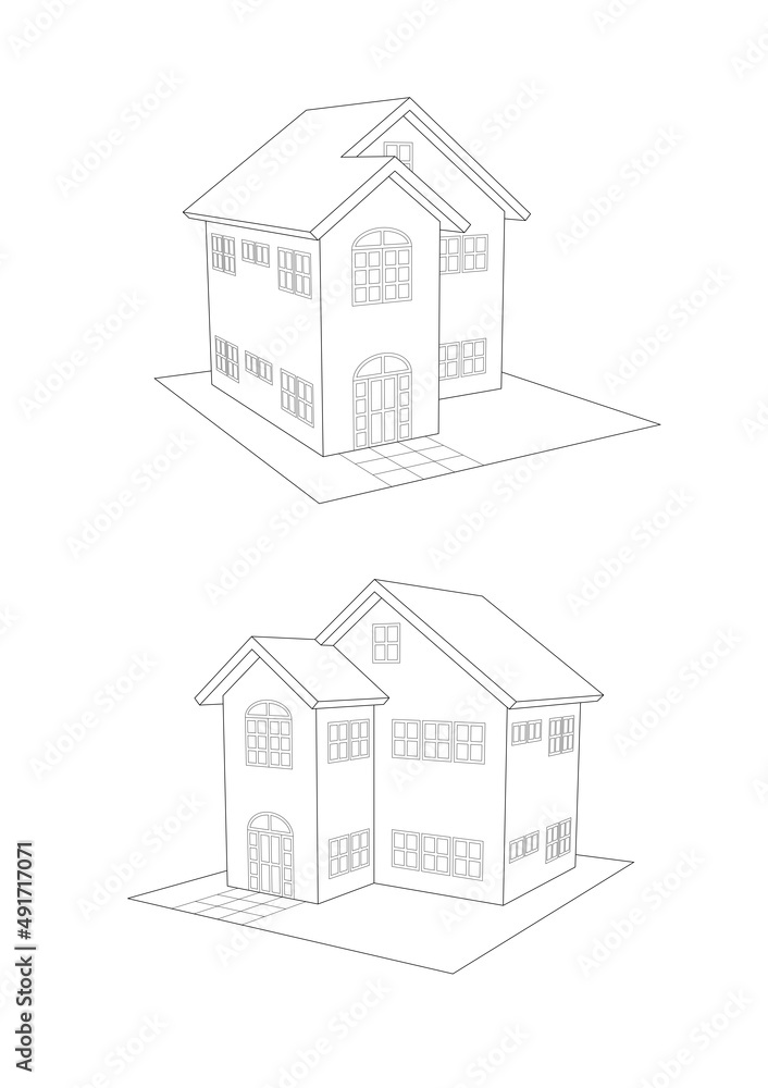 perspective views of a two story house from a different angle, 3d line drawing. you can print it on standard A1 paper or smaller paper without losing quality