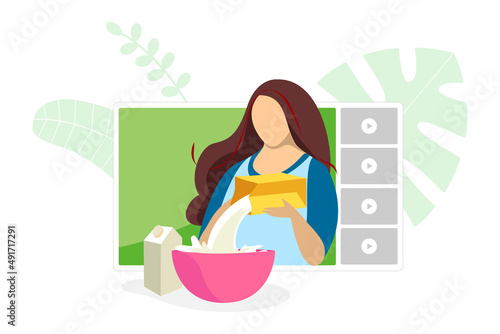 Video blogger making cooking meal content. Homemade bakery live stream tutorial. Woman cook preparing food in kitchen online streaming concept. Culinary influencer broadcast vlogger channel. Vector