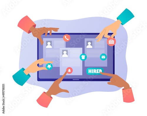 Recruitment hiring concept. Hands of employees move candidates resumes for vacancy. Search for talented specialists, expansion of companys staff. HR department. Cartoon flat vector illustration