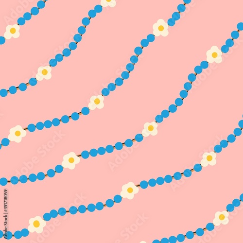 Beads strung on a string, garland, boho style set, necklace isolated on pink background. Flat design, vector illustration, hand drawn cartoon.
