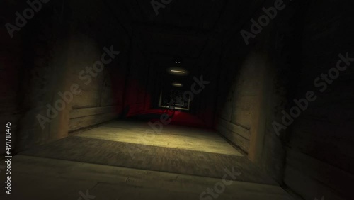 Dynamic cinematic horror scene in dark corridor with scary empty wheelchair in the end, with red flickering light. High quality 4k footage photo