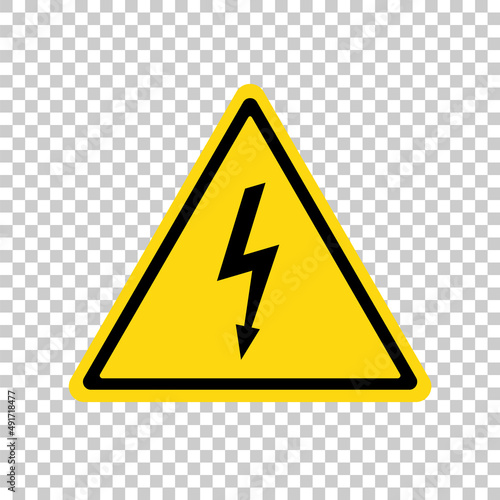 Power outage icon. Symbol electrical safety. Sign without electric. Black lightening. Yellow triangular. Caution warning triangle. Voltage logo isolated on transparent background. Vector illustration