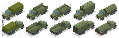 Isometric military heavy truck. Military green army vehicle isolated military heavy truck on white background photo