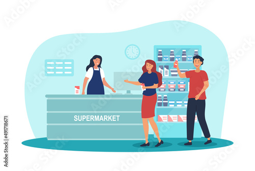Supermarket with cashier. Young girl and man with groceries go to pay for goods. Grocery store, routine and daily activities. Cash register in market or shop. Cartoon flat vector illustration