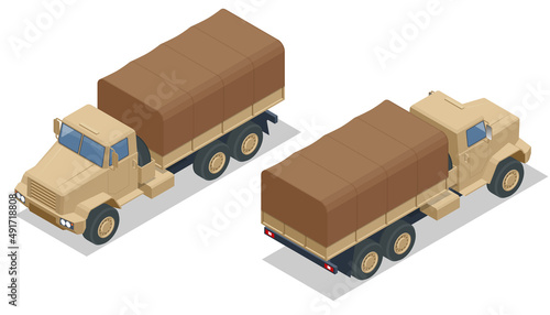 Isometric military heavy truck. Military army vehicle isolated military heavy truck on white background photo