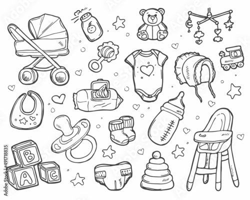 Doodle Baby Nursery Icons Set. Vector New Born sketch.
