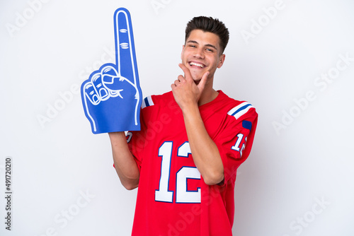 Young caucasian sports fan man isolated on white background happy and smiling