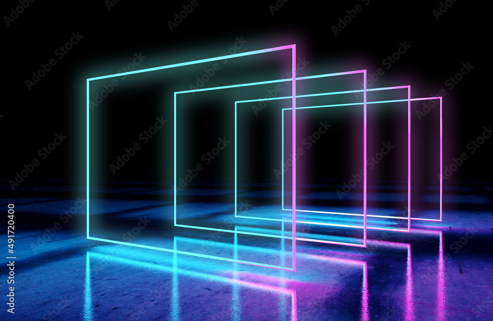 Vibrante colorido luces brillantes de fondo. Luces de neón y suelo de hormigón en un espacio interior oscuro. Vibrante colorido luces brillantes de fondo. Luces de neón y suelo de hormigón en un espacio interior oscuro.