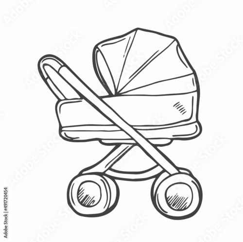 Baby stroller vector sketch icon isolated on background. Hand drawn Baby stroller icon. baby stroller, vector sketch illustration. Doodle style