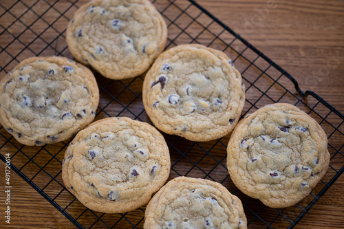 flat lay homemade chocolate chip cookies, intentional shallow depth of field, selective focus