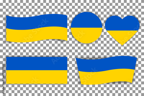 Ukraine flag and ukrainian symbol vector icons.We Support Ukraine Sign.Set of Ukraine flag icons in the shape of heart and round isolated on white background.Save Ukraine.Stop War.