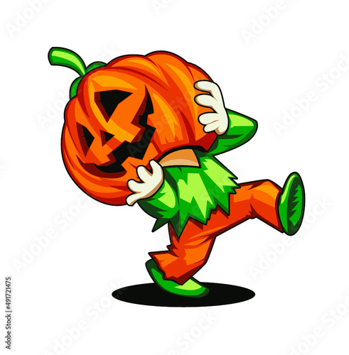 Halloween character. Boy with pumpkin on head, boy in Halloween costume vector illustration.