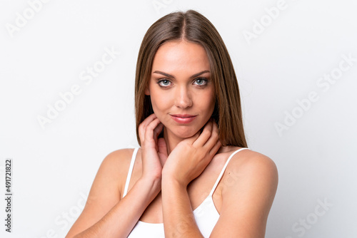Young caucasian woman isolated on white background . Close up portrait