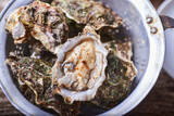 Conjunto de ostras frescas en un colador metálico preparadas para comer crudas con especies.