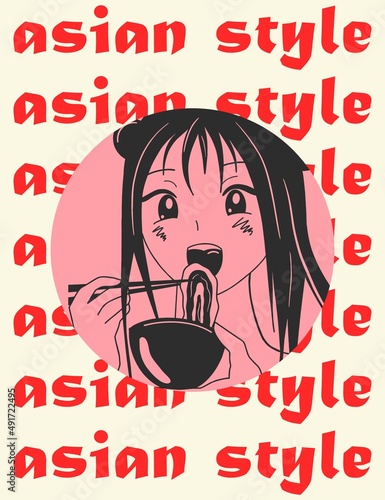 Lettering flyer in anime style, Asian style. The girl eats noodles. Cartoon style, flat design. All elements are isolated. square posters.