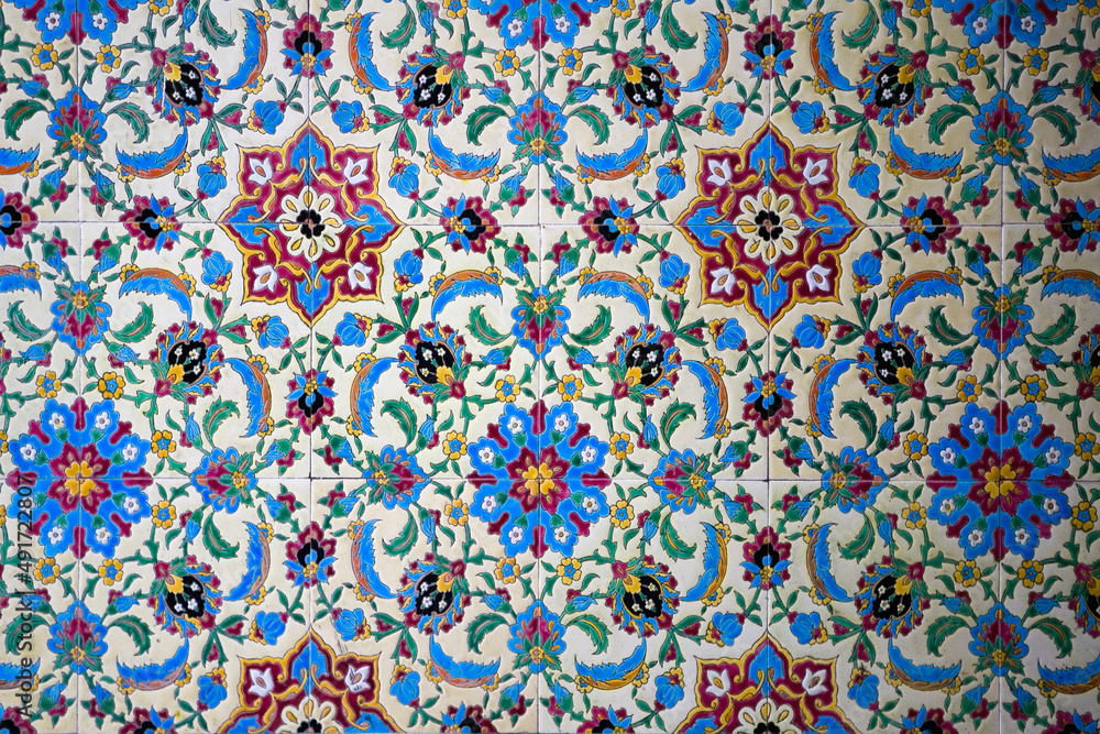 Close-up detail of traditional glazed ornamental tiles, Calle de la Compañía, Cádiz, Andalusia, Spain