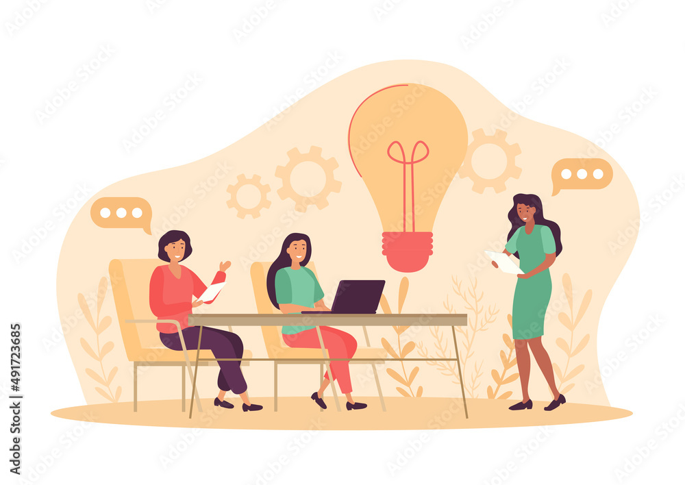 Thinking and brainstorming. Mental processes and creativity. Colleagues in office at tables. Marketing researching, analytics department or board of directors. Cartoon flat vector illustration