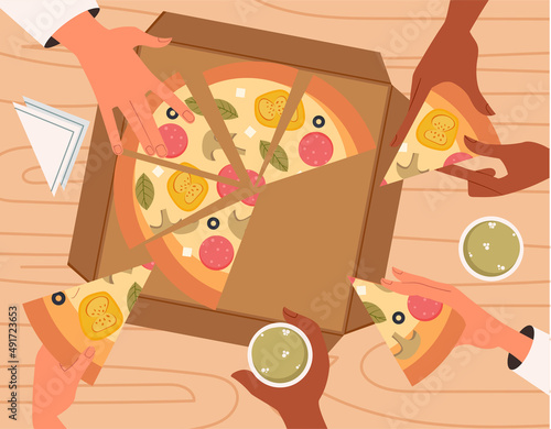 Taking pizza slices. Traditional Italian cuisine, fast food and tasty but unhealthy foods. Home delivery food, friends at party. Poster or banner for website. Cartoon flat vector illustration